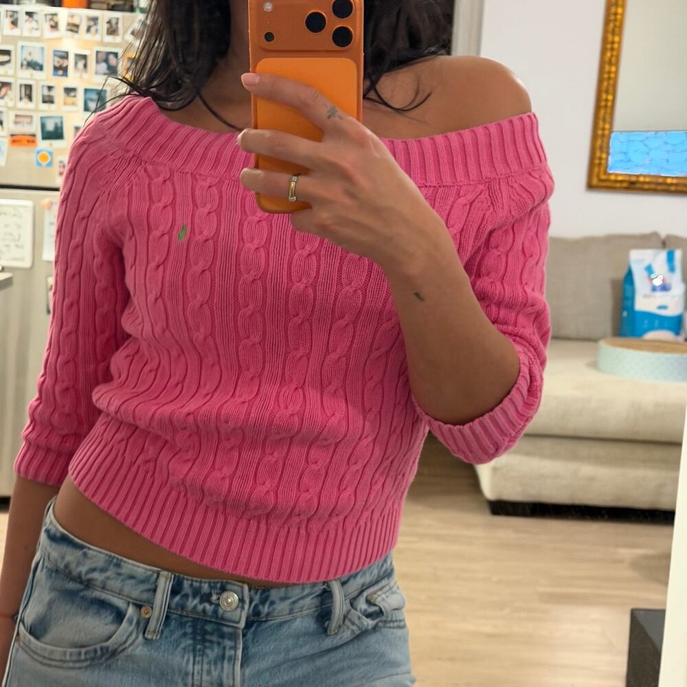 VTG Polo Ralph Lauren Pink Cable Knit Off-Shoulder Sweater Green Pony Y2K Preppy - Picture 2 of 3